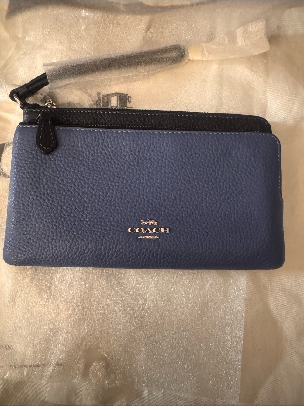 Coach Blue and Black Pebbled Leather Wristlet Wallet with Gold Logo